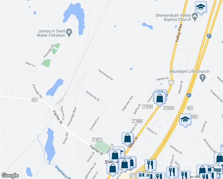 map of restaurants, bars, coffee shops, grocery stores, and more near 120 Clerkenwell Drive in Stephens City