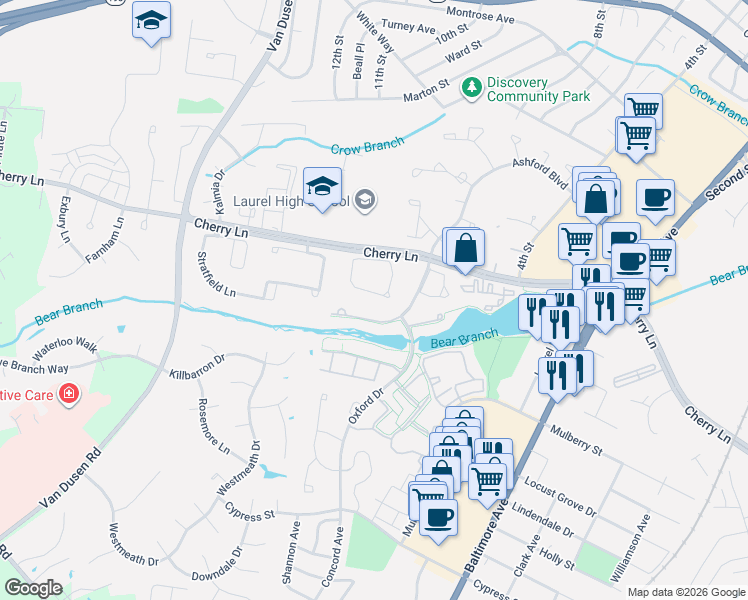 map of restaurants, bars, coffee shops, grocery stores, and more near 14521 Cambridge Circle in Laurel