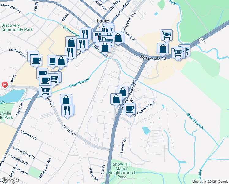 map of restaurants, bars, coffee shops, grocery stores, and more near 14704 Normandy Court in Laurel