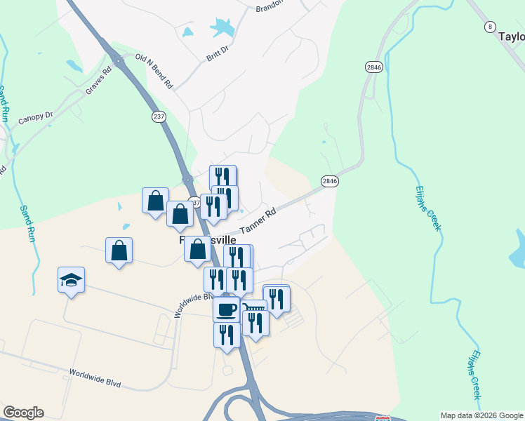 map of restaurants, bars, coffee shops, grocery stores, and more near 1952 Tanners Cove Road in Hebron