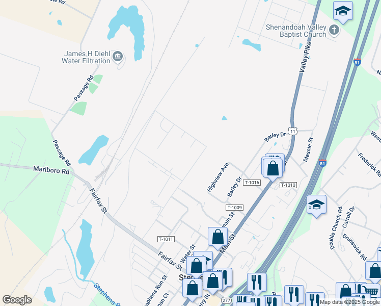 map of restaurants, bars, coffee shops, grocery stores, and more near 120 Clerkenwell Drive in Stephens City