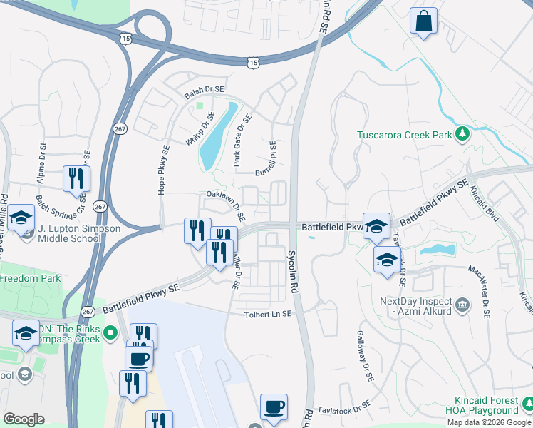 map of restaurants, bars, coffee shops, grocery stores, and more near 192 Flowering Dogwood Terrace Southeast in Leesburg