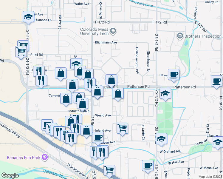 map of restaurants, bars, coffee shops, grocery stores, and more near 599 Northgate Drive in Grand Junction