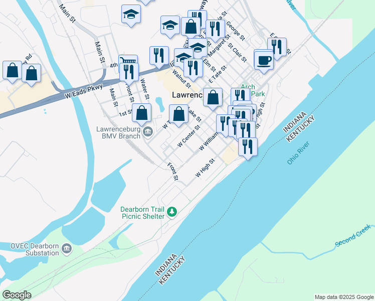 map of restaurants, bars, coffee shops, grocery stores, and more near 217 Charlotte Street in Lawrenceburg