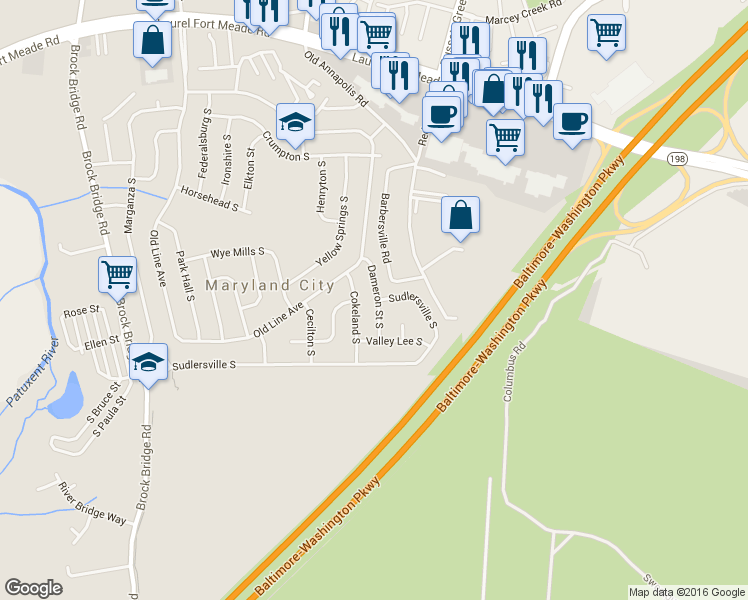 map of restaurants, bars, coffee shops, grocery stores, and more near 350 Dameron Street South in Laurel