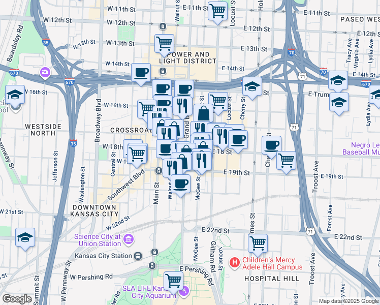 map of restaurants, bars, coffee shops, grocery stores, and more near 1801 Grand Boulevard in Kansas City
