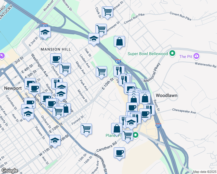 map of restaurants, bars, coffee shops, grocery stores, and more near 750 E 10th St in Newport