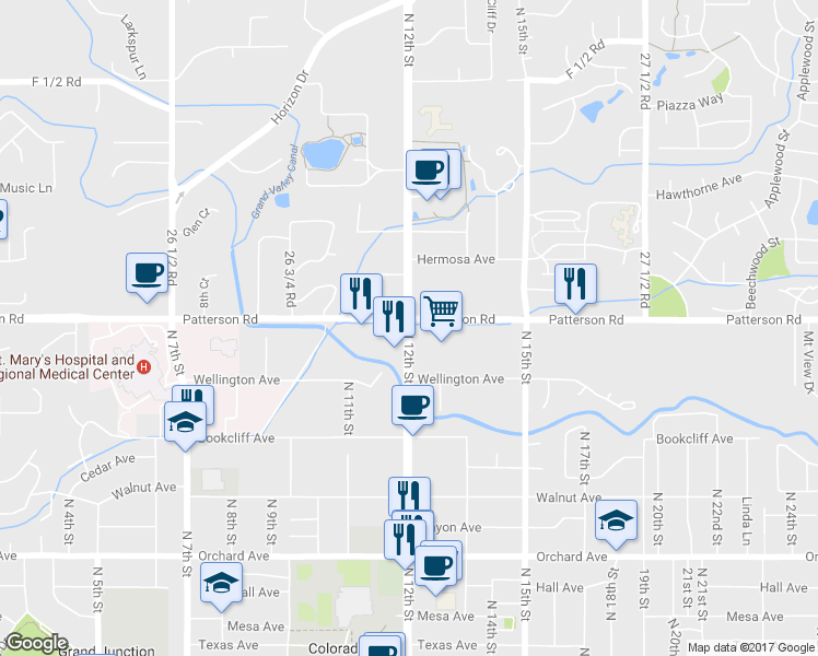 map of restaurants, bars, coffee shops, grocery stores, and more near 2662 North 12th Street in Grand Junction