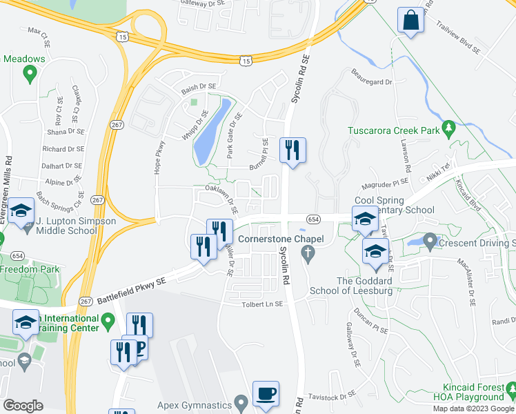 map of restaurants, bars, coffee shops, grocery stores, and more near 192 Flowering Dogwood Terrace Southeast in Leesburg