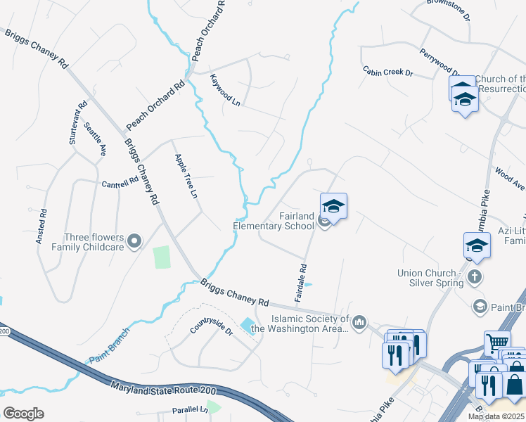 map of restaurants, bars, coffee shops, grocery stores, and more near 14324 Bradshaw Drive in Silver Spring
