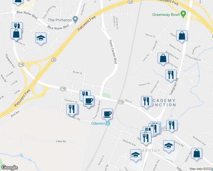 map of restaurants, bars, coffee shops, grocery stores, and more near 1410 Hale Street in Odenton