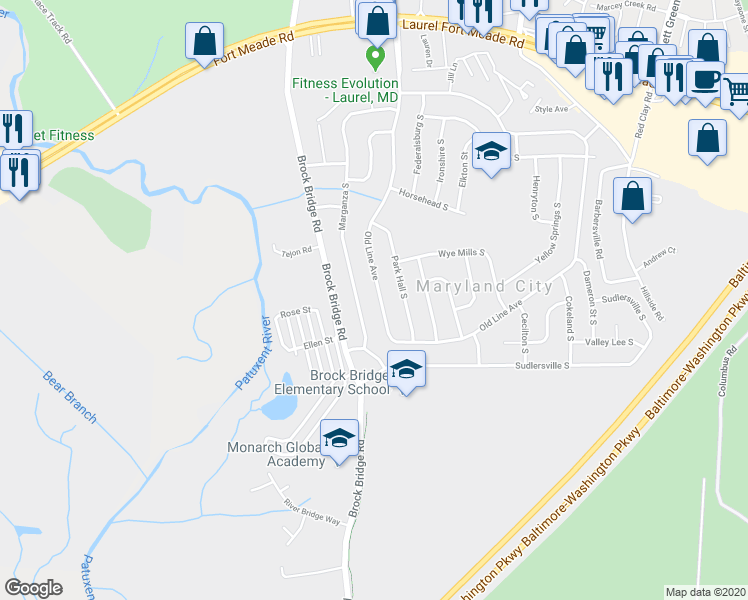 map of restaurants, bars, coffee shops, grocery stores, and more near 332 Old Line Avenue in Laurel