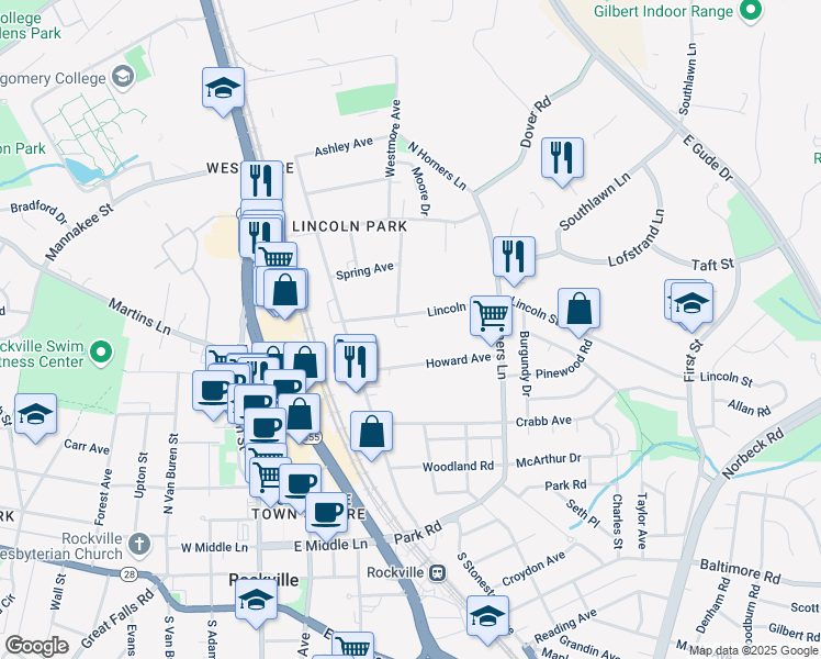 map of restaurants, bars, coffee shops, grocery stores, and more near 219 Lincoln Avenue in Rockville