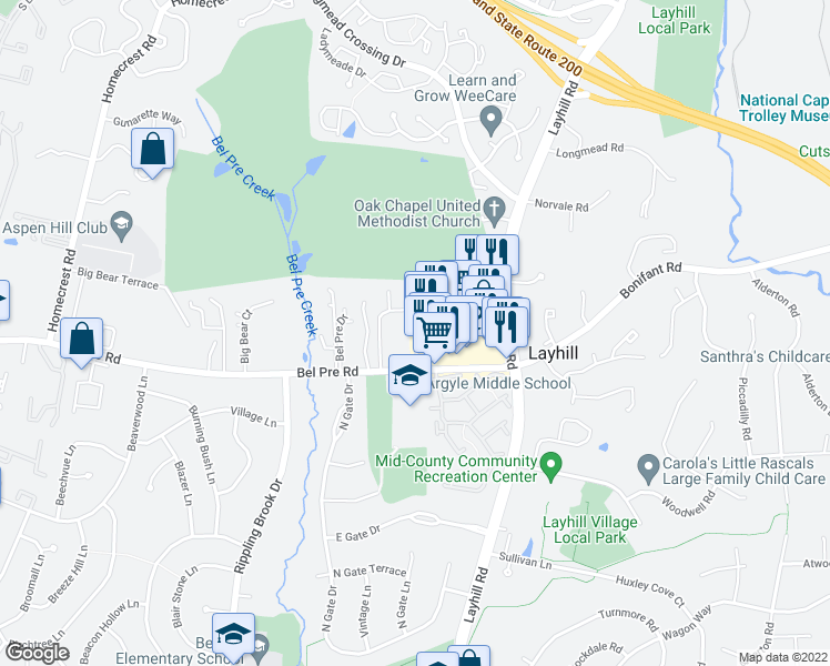 map of restaurants, bars, coffee shops, grocery stores, and more near 2360 Sun Valley Circle in Aspen Hill