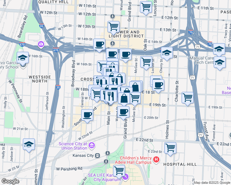 map of restaurants, bars, coffee shops, grocery stores, and more near 1800 Walnut Street in Kansas City