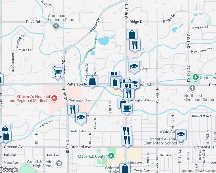 map of restaurants, bars, coffee shops, grocery stores, and more near 1001 Patterson Road in Grand Junction