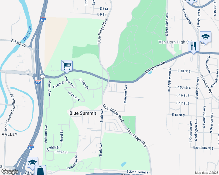 map of restaurants, bars, coffee shops, grocery stores, and more near 411 Stone Arch Drive in Independence