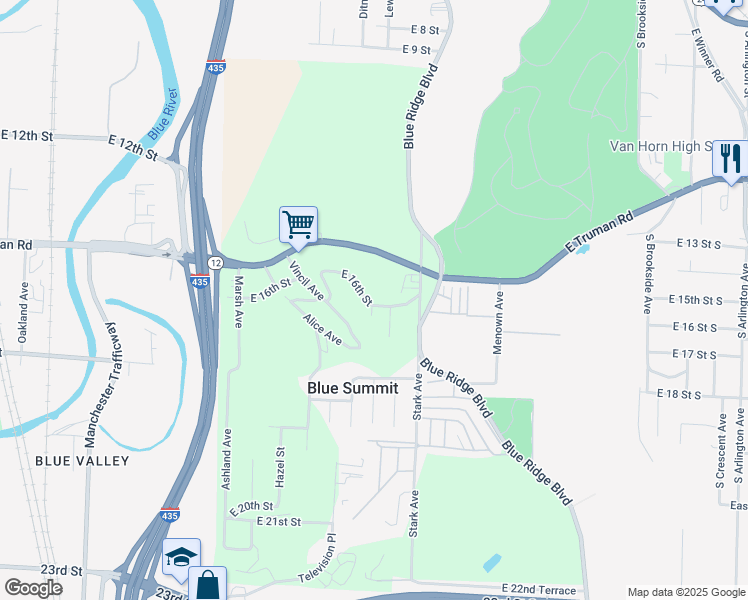 map of restaurants, bars, coffee shops, grocery stores, and more near 1600 Alice Avenue in Kansas City