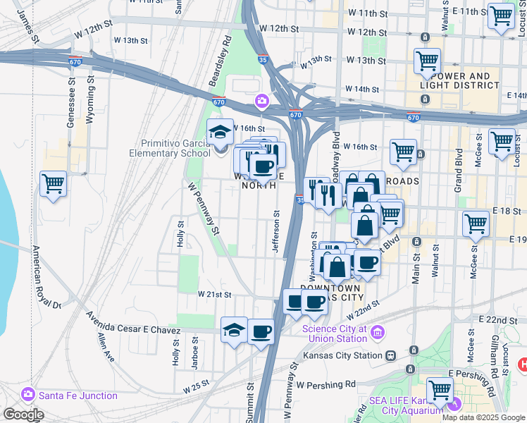 map of restaurants, bars, coffee shops, grocery stores, and more near 1745 Summit Street in Kansas City