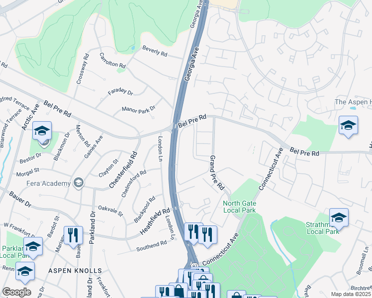 map of restaurants, bars, coffee shops, grocery stores, and more near 14325 Georgia Avenue in Aspen Hill