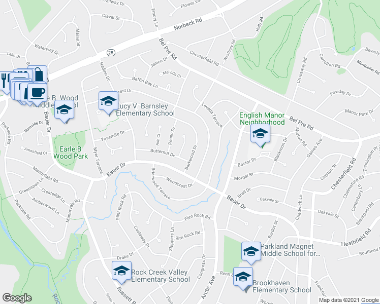 map of restaurants, bars, coffee shops, grocery stores, and more near 14312 Barkwood Drive in Rockville