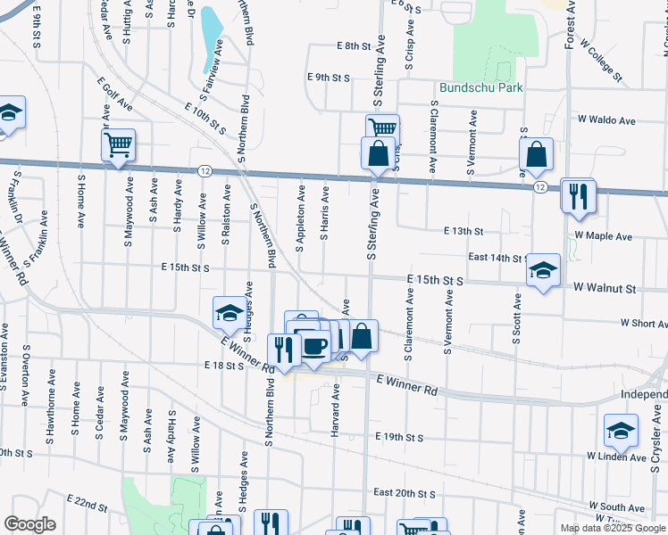 map of restaurants, bars, coffee shops, grocery stores, and more near 11012 East 15th Street South in Independence
