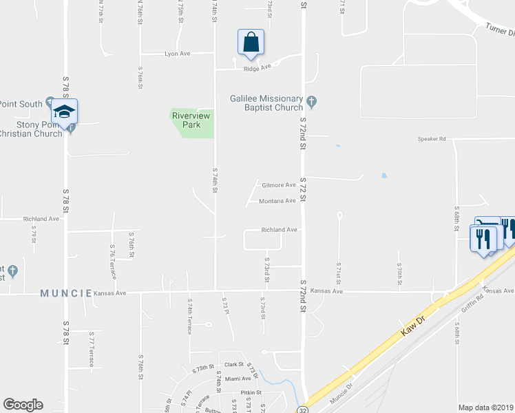 map of restaurants, bars, coffee shops, grocery stores, and more near 7257 Montana Avenue in Kansas City