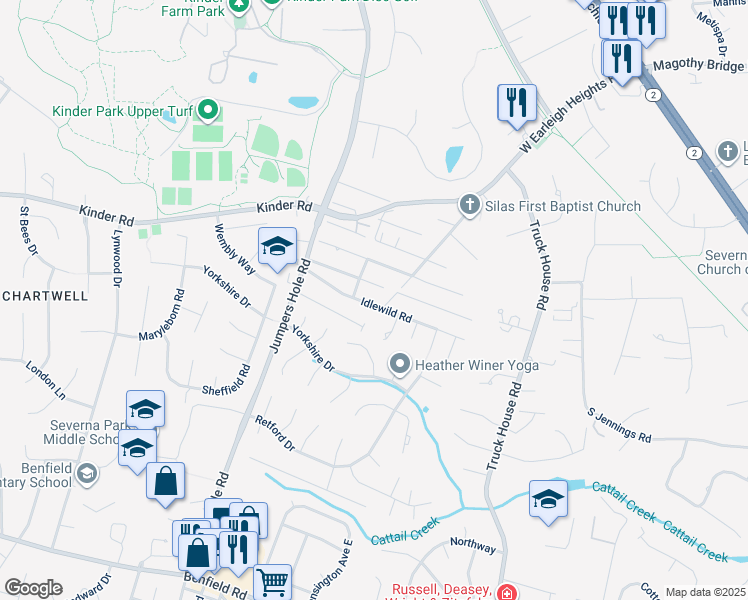 map of restaurants, bars, coffee shops, grocery stores, and more near 130 Idlewilde Road in Severna Park
