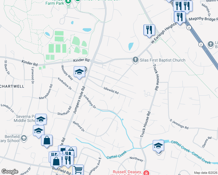 map of restaurants, bars, coffee shops, grocery stores, and more near 128 Idlewild Road in Severna Park