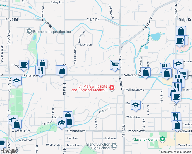 map of restaurants, bars, coffee shops, grocery stores, and more near 346 Belaire Drive in Grand Junction