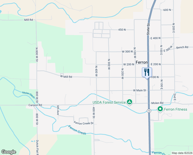 map of restaurants, bars, coffee shops, grocery stores, and more near 400 West Mill Road in Ferron