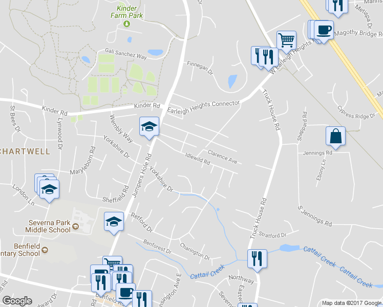 map of restaurants, bars, coffee shops, grocery stores, and more near 130 Idlewilde Road in Severna Park