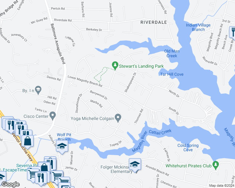 map of restaurants, bars, coffee shops, grocery stores, and more near 255 Lower Magothy Beach Road in Severna Park
