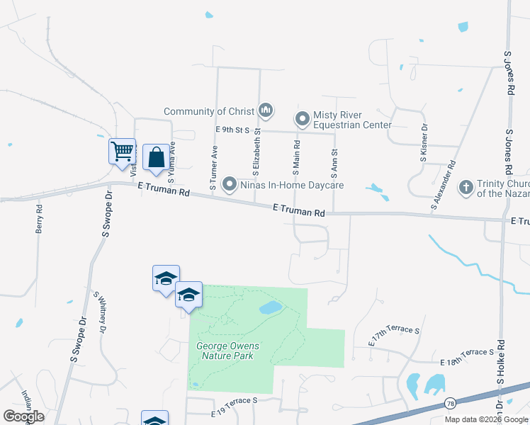 map of restaurants, bars, coffee shops, grocery stores, and more near 18707 East Truman Road in Independence