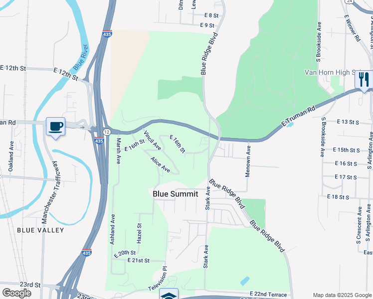 map of restaurants, bars, coffee shops, grocery stores, and more near 1600 Alice Avenue in Kansas City