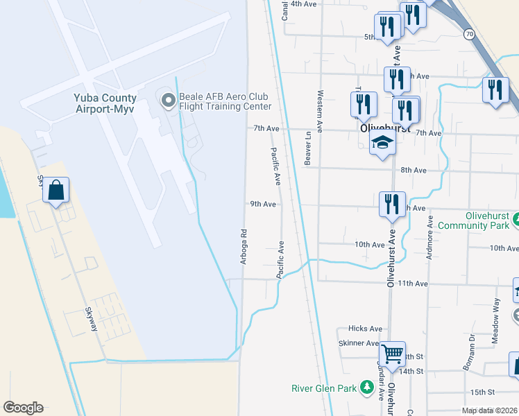 map of restaurants, bars, coffee shops, grocery stores, and more near 1524 9th Ave in Olivehurst
