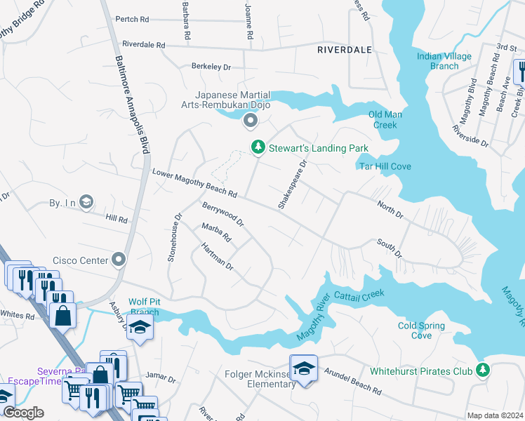 map of restaurants, bars, coffee shops, grocery stores, and more near 255 Lower Magothy Beach Road in Severna Park