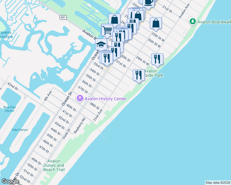 map of restaurants, bars, coffee shops, grocery stores, and more near 55 35th Street in Avalon
