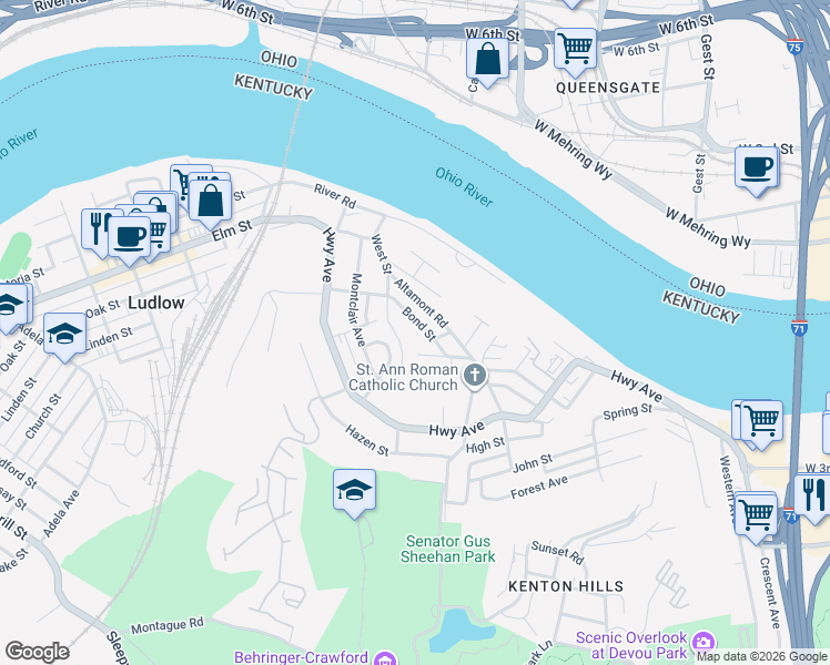 map of restaurants, bars, coffee shops, grocery stores, and more near 353 Bond Street in Covington