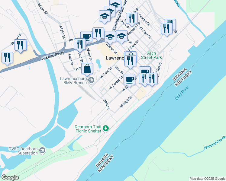 map of restaurants, bars, coffee shops, grocery stores, and more near 217 Charlotte Street in Lawrenceburg