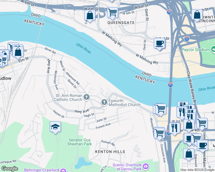 map of restaurants, bars, coffee shops, grocery stores, and more near 1228 Riverview Place in Covington