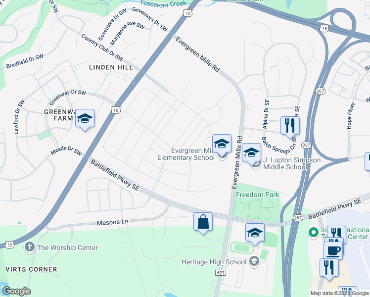 map of restaurants, bars, coffee shops, grocery stores, and more near 1130 Justinian Street Southeast in Leesburg