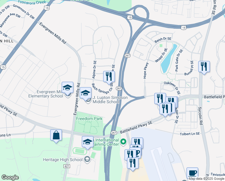 map of restaurants, bars, coffee shops, grocery stores, and more near 137 Balch Springs Circle Southeast in Leesburg