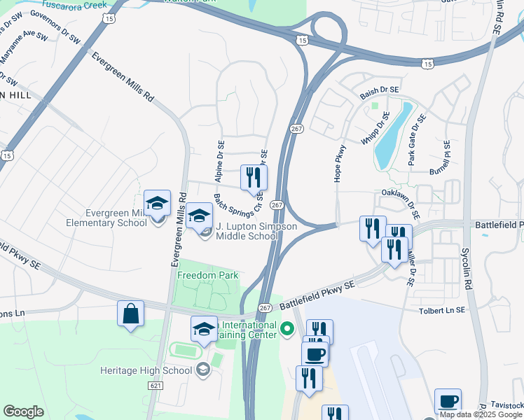 map of restaurants, bars, coffee shops, grocery stores, and more near 137 Balch Springs Circle Southeast in Leesburg