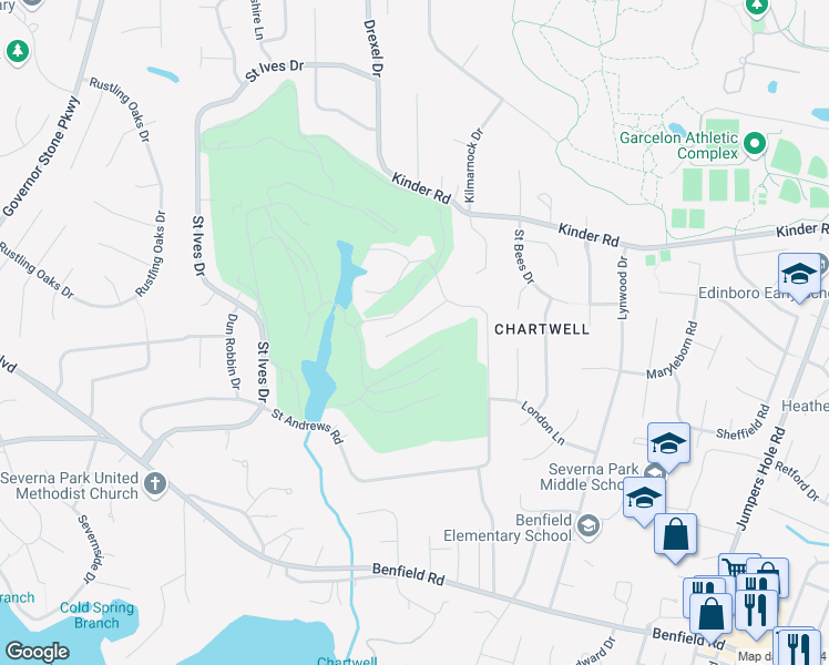 map of restaurants, bars, coffee shops, grocery stores, and more near 7 Saint Andrews Garth in Severna Park
