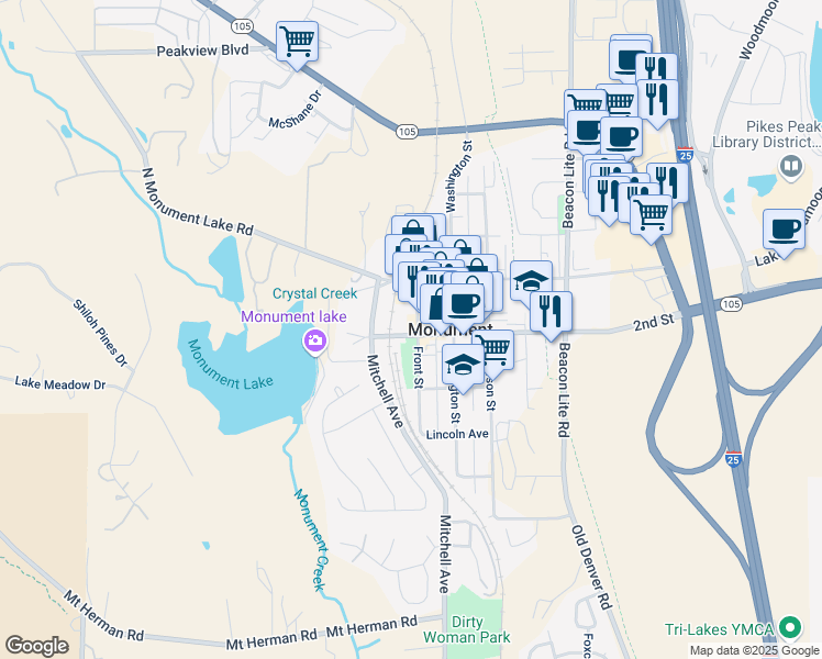map of restaurants, bars, coffee shops, grocery stores, and more near 5 2nd Street in Monument