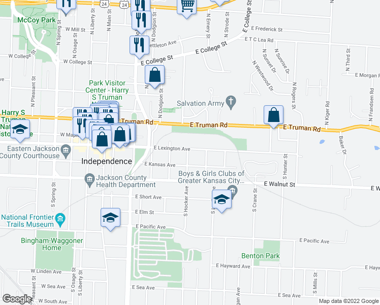 map of restaurants, bars, coffee shops, grocery stores, and more near 501 East Lexington Avenue in Independence