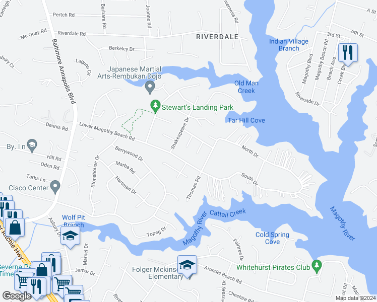 map of restaurants, bars, coffee shops, grocery stores, and more near 281 Beckworth Court in Severna Park