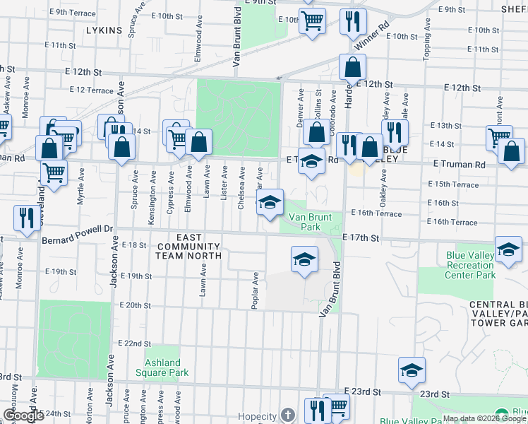 map of restaurants, bars, coffee shops, grocery stores, and more near 1614 Van Brunt Boulevard in Kansas City