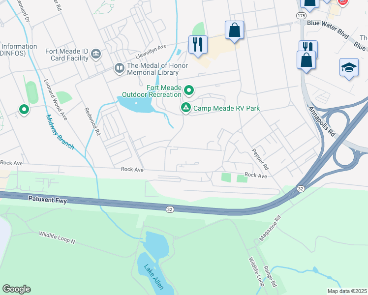 map of restaurants, bars, coffee shops, grocery stores, and more near Morrison Street in Fort Meade